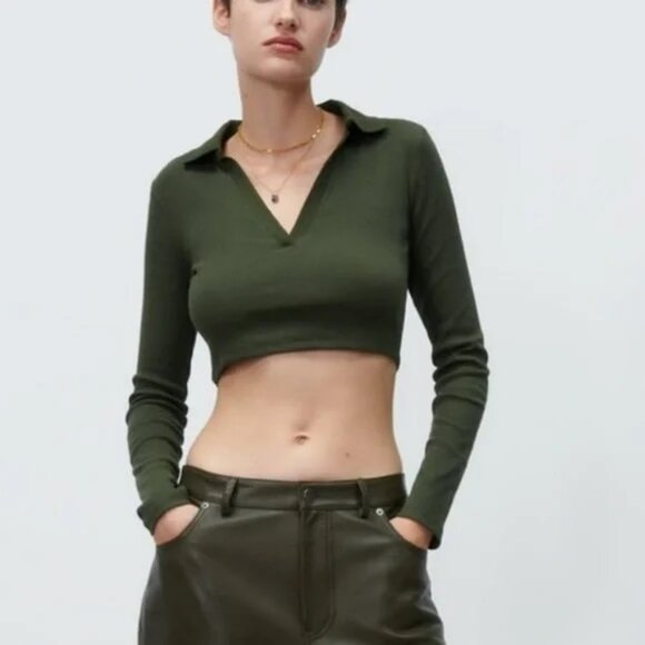 Women's Zara‎ Olive Green Collared Ribbed Crop Top Size Small - Picture 1 of 5
